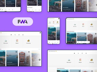 Various devices displaying a Progressive Web App PWA with a responsive interface optimized for smartphones, tablets and computers.