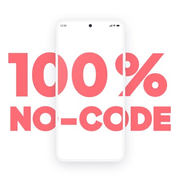Illustration explaining that GoodBarber is a no-code tool for creating native iOS and Android apps.