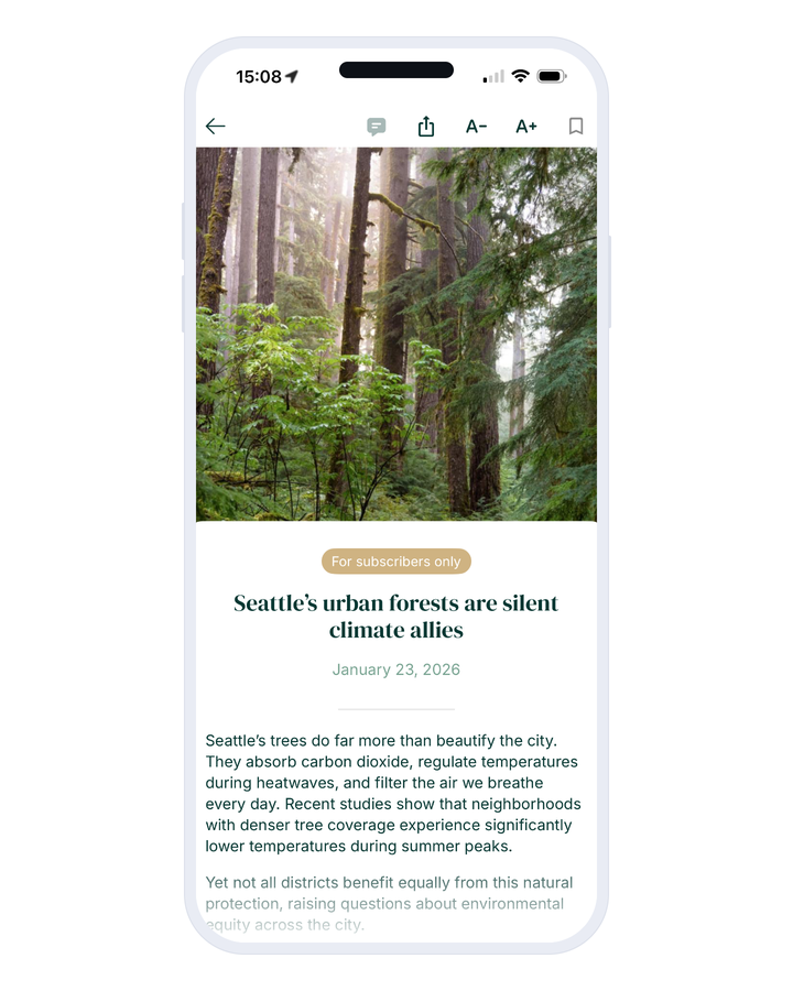 A phone on a white background. The top of an article, with a large banner photo, then a rounded sand-coloured chip flagging content reserved for subscribers, placed just above the title. The article text starts normally under the date.