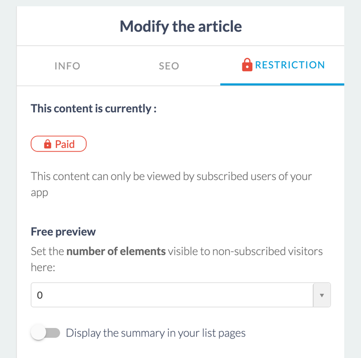 The side panel of a piece of content, open on the third of its three tabs. A red chip with a closed padlock gives the paid state, followed by a sentence saying that only subscribers reach it. Below, the preview setting: a dropdown showing a number, and under it a switch, off, that controls whether the summary shows in lists.
