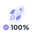 Illustration: rocket and a 100% checkmark for successful republishings after rejection on the App Store.