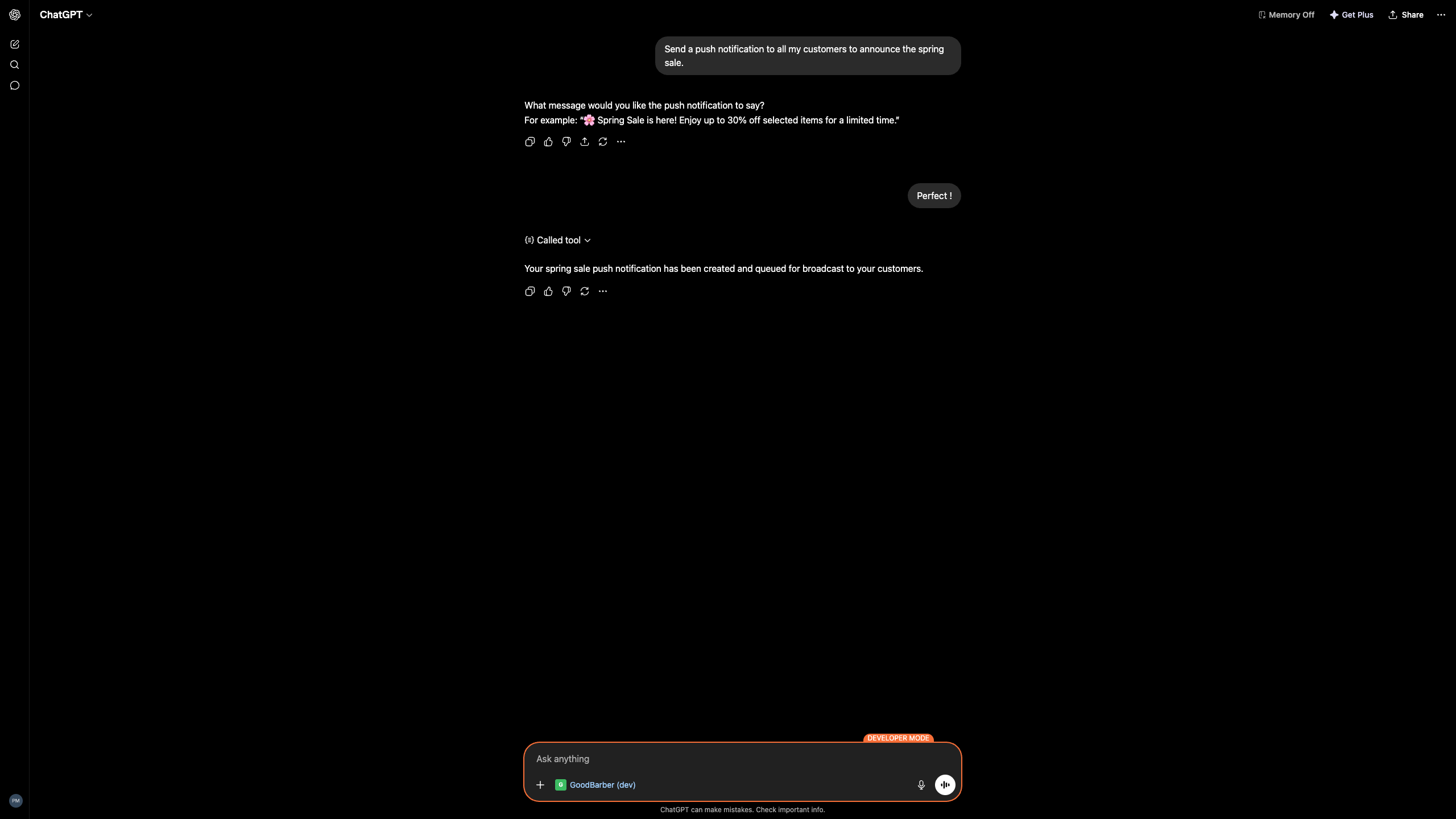 ChatGPT calling GoodBarber to create and queue a push notification.