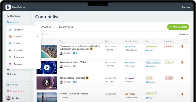 Screenshot of the back office showing content management in a GoodBarber app