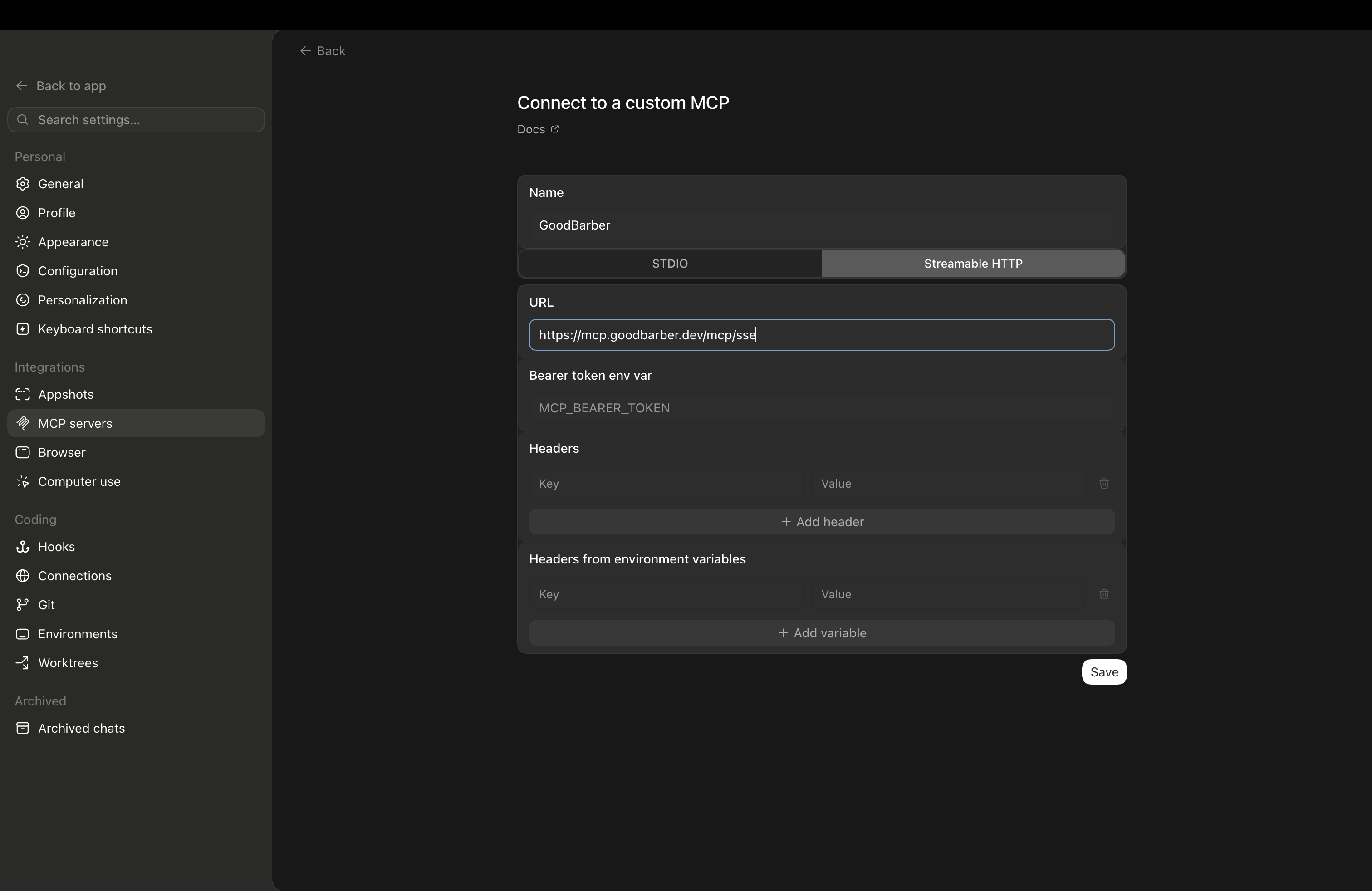 The Connect to a custom MCP form: name GoodBarber, Streamable HTTP, the server URL, and the Bearer token left empty.
