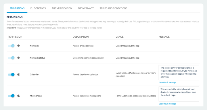 The first tab of the Privacy Center. Under a bar of five tabs, a warning recalls that these permissions must be declared to the stores and that changing one means rebuilding and resubmitting the app. Below, a four-column table: a switch and the icon of the platform concerned, the name of the permission, its description, the feature that triggers it, and the message shown to the user when it is requested, editable, with a link back to the default wording.