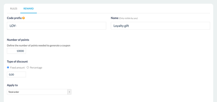 The second tab, the reward one. At the top, two fields side by side, a code prefix and a name flagged as visible to the merchant only. Below, the number of points, with under its title the sentence explaining that it triggers the generation of a coupon. Then the type of discount in two radio buttons, fixed amount or percentage, followed by the value field. Finally the scope of the discount, in a dropdown set to the whole order.