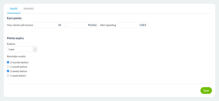 The first of the two tabs of a shop's loyalty program. An earning block holds in a fill-in-the-blank sentence: the merchant enters a number of points, the word that names them, and the amount spent that triggers them. The next block carries a validity dropdown and four checkboxes for email reminders, two of them ticked. A save button closes the panel.