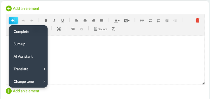 The content editor toolbar. Its first button, marked with a sparkles icon and highlighted because it is open, drops down a menu of five commands: four work on the selected text, the third one in the list is the free-form assistant. The last two carry a chevron announcing a submenu. Behind them, the editing area is empty.