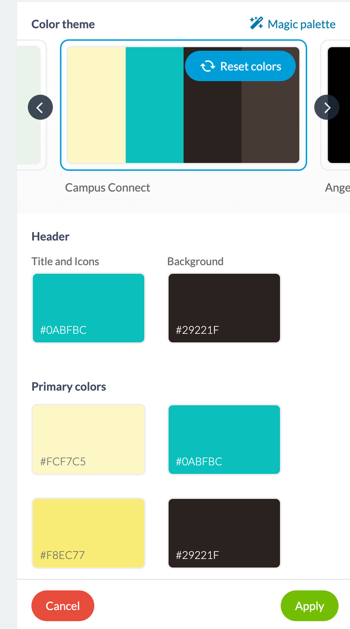 The app colour block in the back office. At the top, the current theme in the middle of a carousel of themes, with the link that triggers generation on the right, and over the thumbnail a button to return to the starting colours. Below, the two header colours, then the four main colours, each on a chip carrying its hexadecimal code. At the very bottom, two buttons: cancel, or apply.