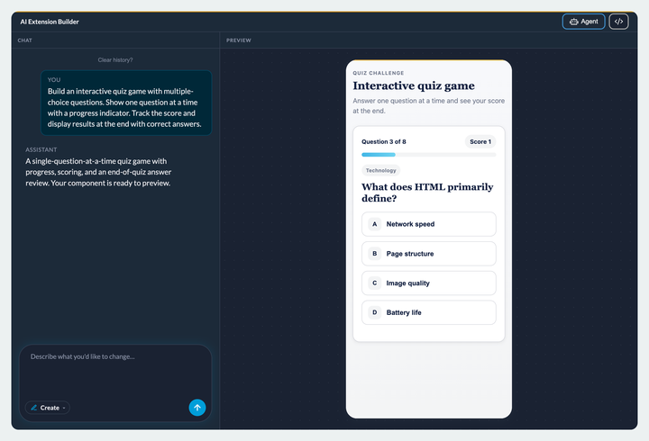 The creation studio, on a dark background, in two columns. On the left the conversation: the user's request in a box, then the assistant's answer summing up what it built; at the bottom, the field to carry on, with a mode selector and a send button. On the right, the result previewed inside a phone frame: a quiz in progress, with the question number, the score, a progress bar and four answers to choose from. Top right, two buttons switch between the conversation view and the code view.