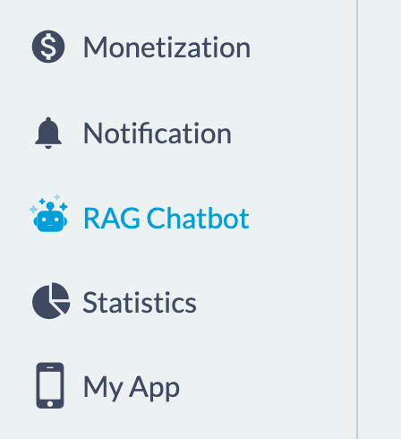 A fragment of the back office main menu. Between the notifications entry and the statistics entry, an entry dedicated to the chatbot, marked with a robot icon and highlighted because it is open.