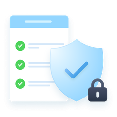 Checklist validated with a shield and padlock, symbolizing rigorous safety practices, compliance with standards and transparent conditions of use.