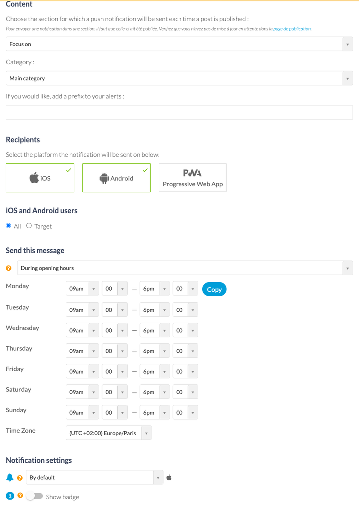 The form of an automatic push: the choice of the section then of the category that will trigger the send, a prefix field, the platforms and the targeting, and finally a time range set hour by hour for each of the seven days, with the time zone below.