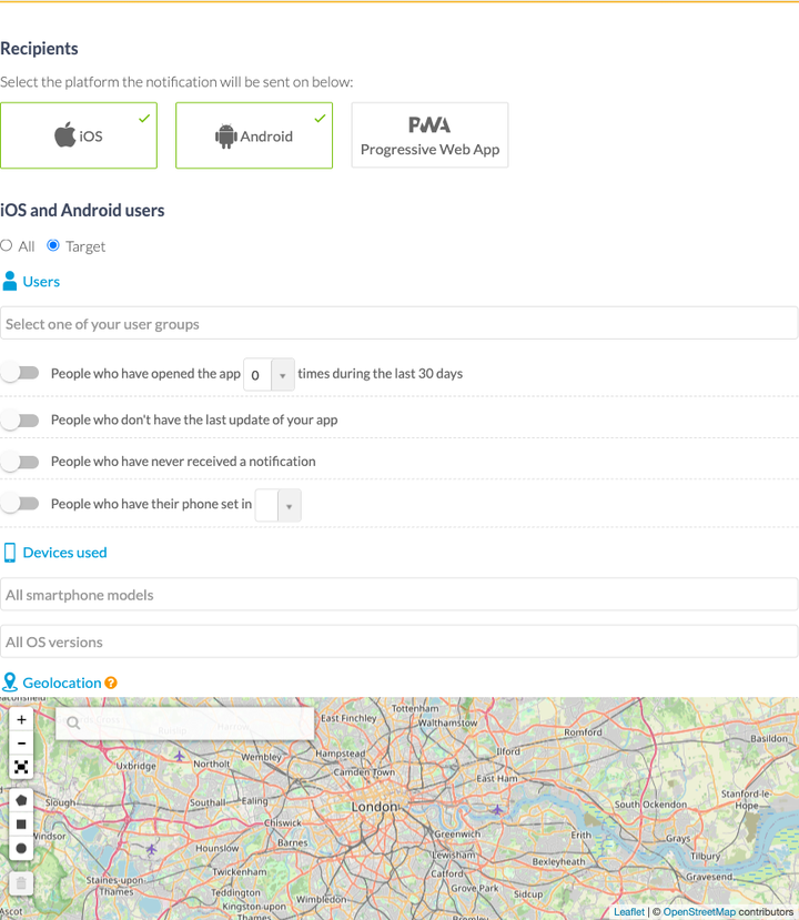 The targeting panel unfolded, in three blocks: people criteria, with the choice of a group and four behaviour switches; devices, with the model and the system version; the geographic area, which opens a map and its drawing tools.