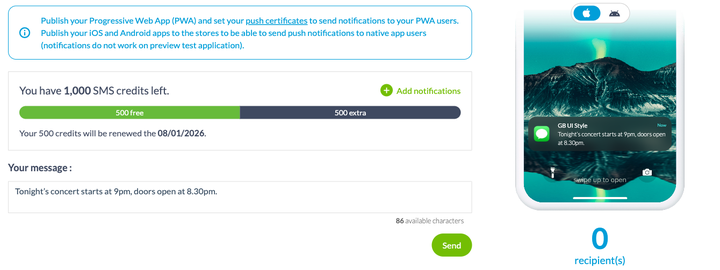 The screen for sending an SMS: the reminder of the publishing conditions, the credit balance split into the included part and the purchased part, the date of the next renewal, the message field with its counter, and the phone preview.