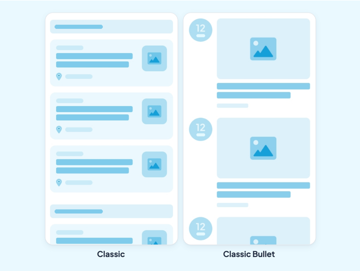 Two calendar layout mockups, with their names: Classic, a list of events grouped by day, each with its thumbnail and its place; Classic Bullet, which lines the dates up as chips on the side and gives each event a large image.