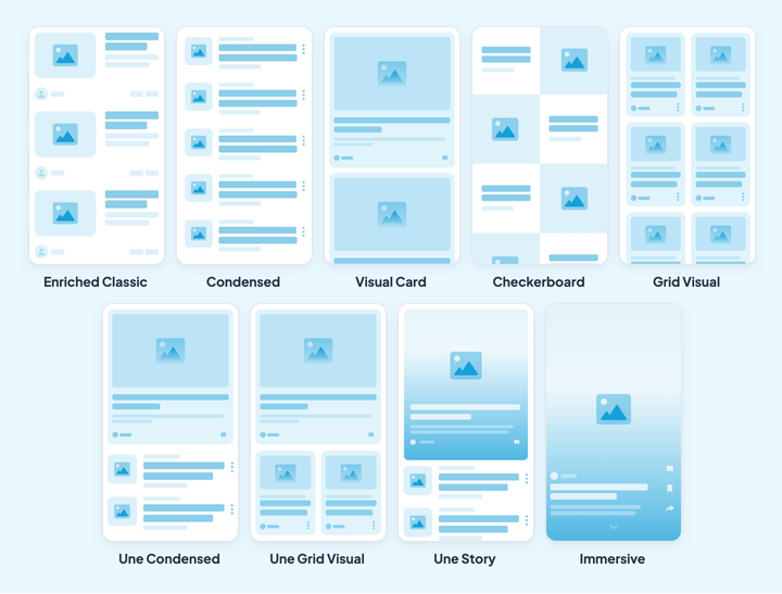 Nine blog layout mockups, with their names. On the top row: Enriched Classic, Condensed, Visual Card, Checkerboard, Grid Visual. On the bottom row: Une Condensed, Une Grid Visual, Une Story, Immersive. Each one shows how the image, the title and the summary are laid out in the list, and whether the first article stands apart from the others.