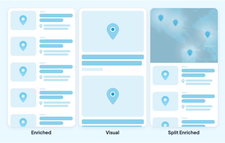 Three map layout mockups, with their names: Enriched, a list where each location carries its marker and its address; Visual, which gives each location a large thumbnail; Split Enriched, which puts the map on top and the list below.