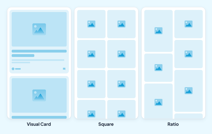 Three gallery layout mockups, with their names: Visual Card, where each photo takes a card with its title and its caption; Square, a grid of square thumbnails; Ratio, a grid that keeps each photo's original proportions.
