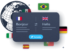 Illustration showing content being translated from French to English, with language icons and a globe in the background.