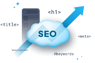 Illustration of SEO elements like title, h1, and keywords floating around a cloud icon.