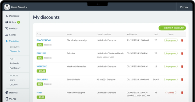 Back office screen displaying active and expired promo codes