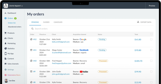 Back office screen displaying orders with status and customer information