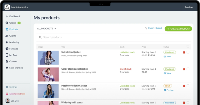 Back office screen displaying the product catalog with stock levels, prices, and variants    Edit
en