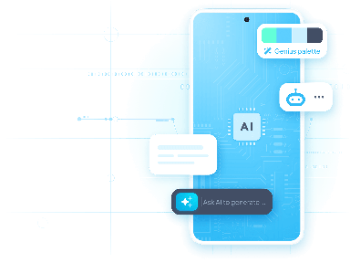 Stylized mobile app interface surrounded by AI-generated design elements like text, chatbot, and color palette icons.