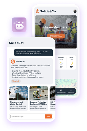 Illustration of a mobile application's chat interface, showing a user interacting with the Chatbot, which responds and points to the app's content.