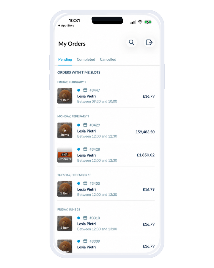 The orders screen of Shop Companion: three tabs separate open, closed and cancelled orders; below, orders are grouped by day, each with its number, its number of products, its amount and its pickup slot.