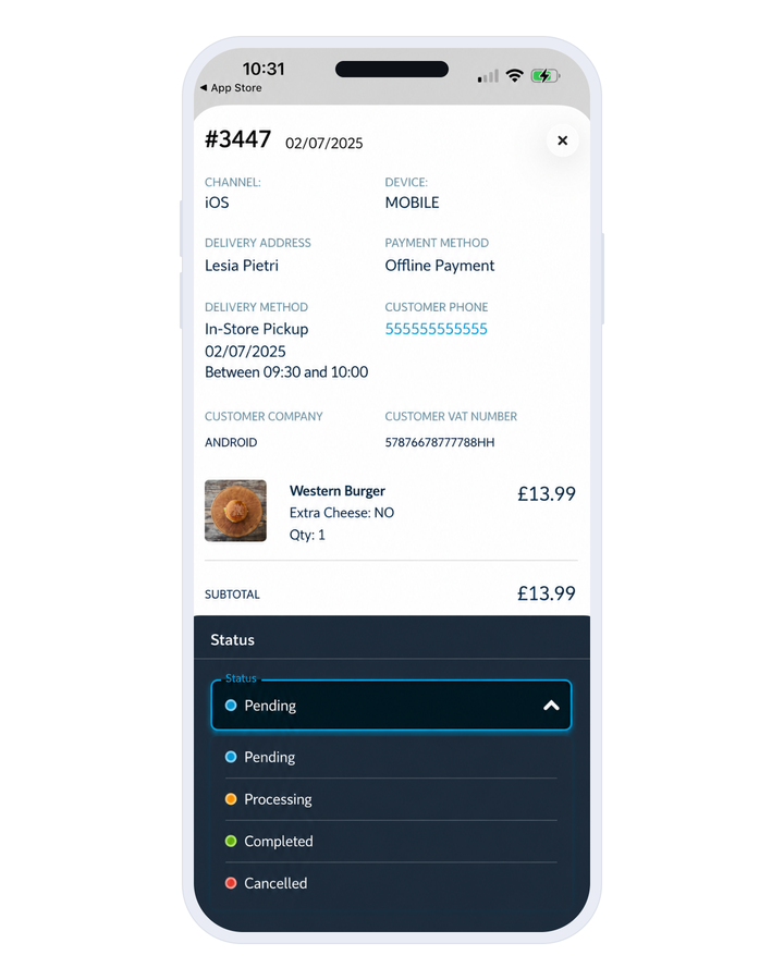 The detail of an order in Shop Companion: channel, address and shipping method, payment method, product ordered, and at the bottom the status dropdown, open on its four values.